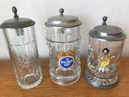 3 Haldengut Humpen mit Zinndeckel