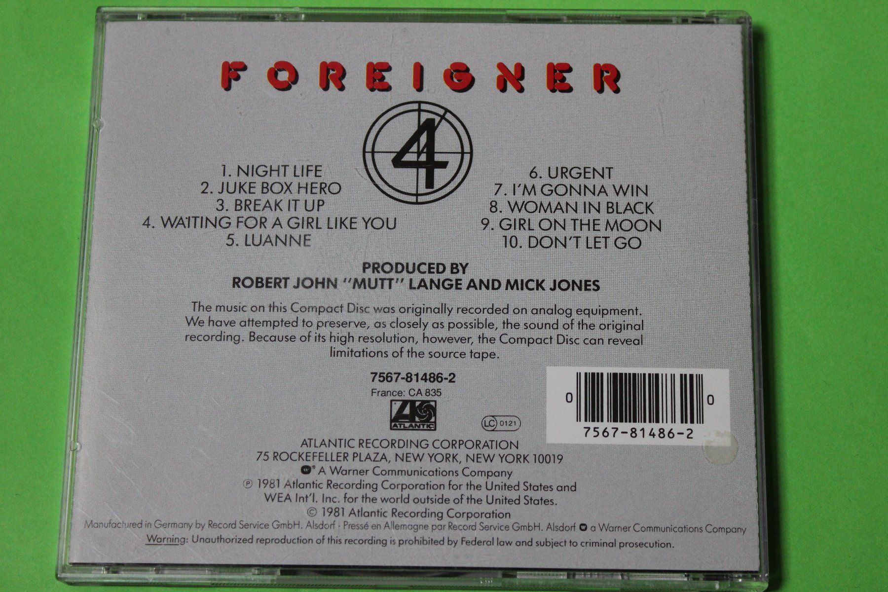 CD: FOREIGNER - 4 (Urgent, Cold as ice) CD 1981 – Usato da Tübach venduto da JamesStone 2
