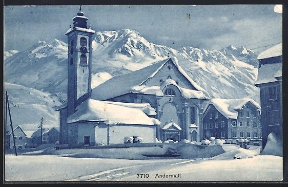 Cartoline postali: AK Andermatt, Die Kirche im Winter, 1911 – Usato da Berlin venduto da bartko-reher