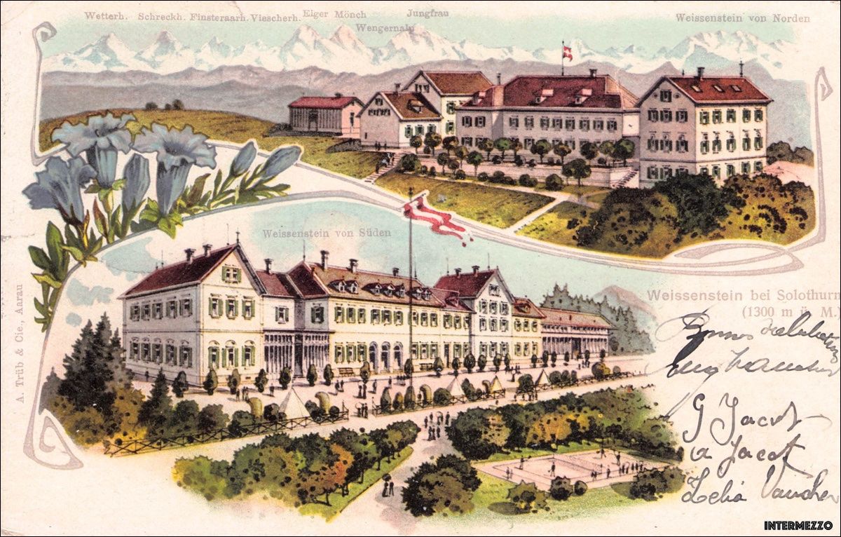 Cartoline postali: Weissenstein SO // LITHO 1908 Kurhaus Hotel Lithographie – Usato da Basel venduto da intermezzo12