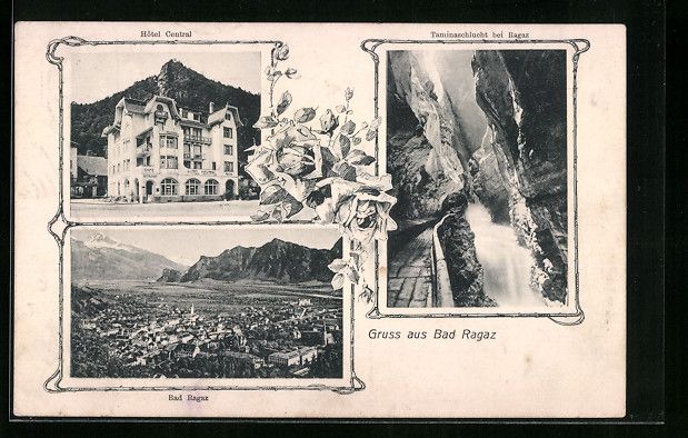 Cartoline postali: Bad Ragaz, Gesamtansicht, Hotel Central, – Usato da Berlin venduto da bartko-reher