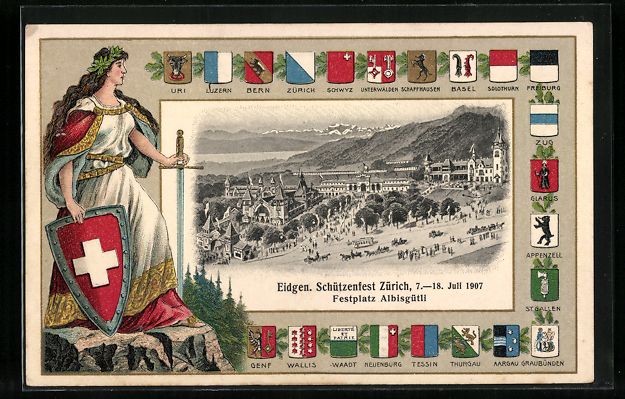 Cartoline postali: Zürich, Eidg. Schützenfest 1907, Wappe – Usato da Berlin venduto da bartko-reher