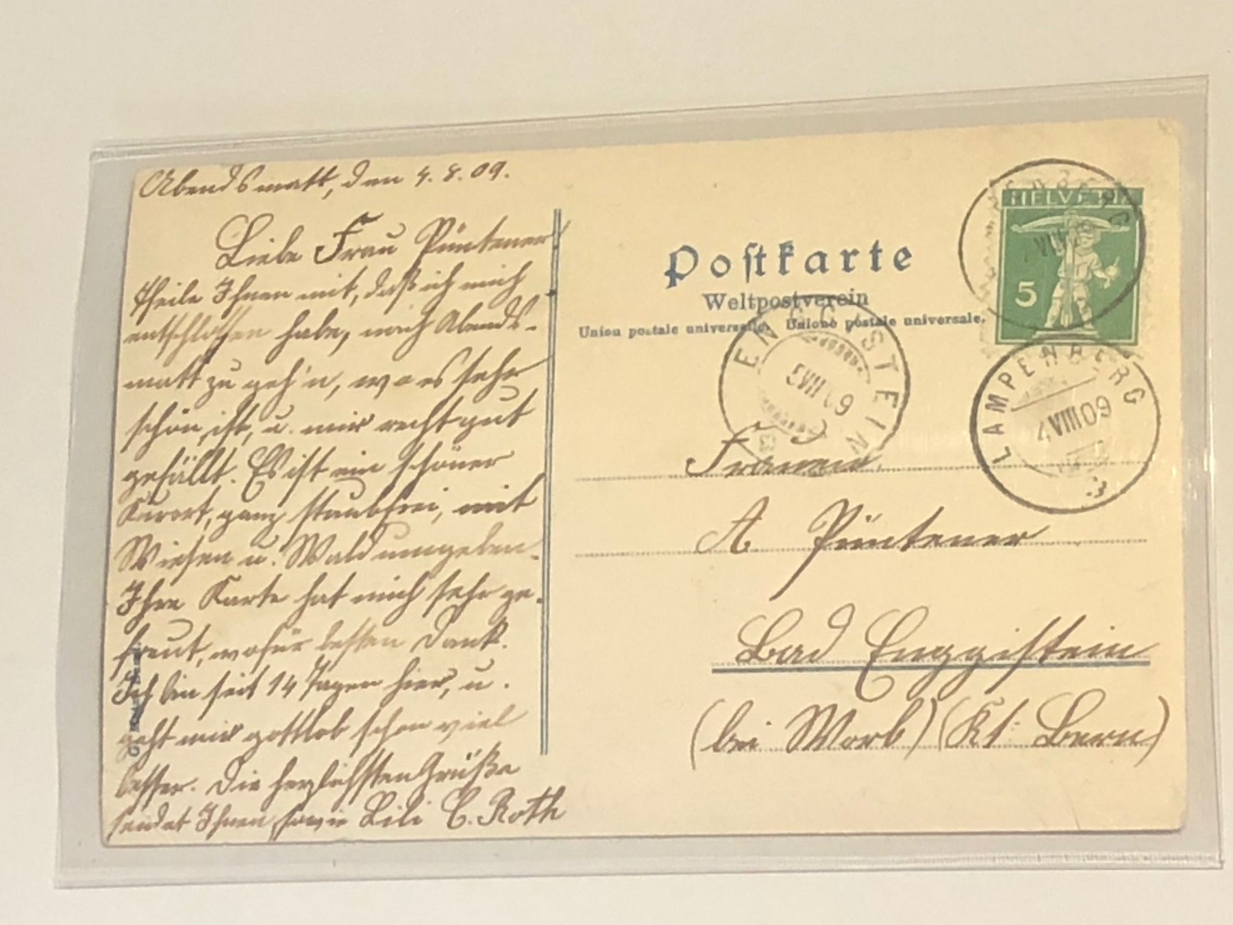 Cartoline postali: LITHO Ansichtskarte GRUSS aus ABENDSMATT belebt 1909 – Usato da Lufingen venduto da Rac0 1