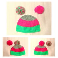 HANDMADE Kappe pink-grün-grau mit Pompom zum wechseln