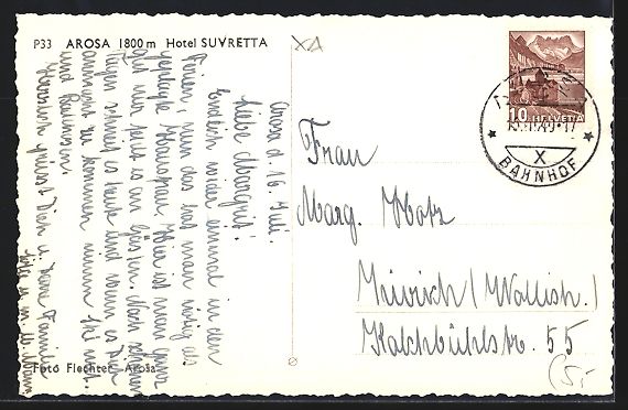Cartoline postali: AK Arosa, Hotel Suvretta, 1940 – Usato da Berlin venduto da bartko-reher 1