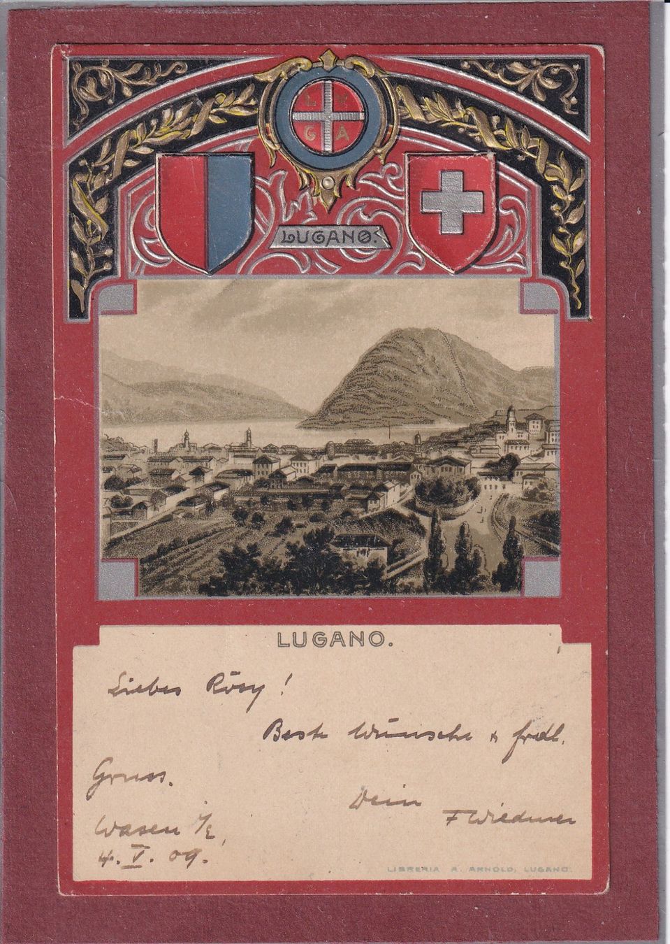 Cartoline postali: Lugano - carte gaufrée - 1909 – Usato da Orvin venduto da Pyaeschli