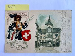 Postkarte Liestal mit Soldat und Wappen, 1903