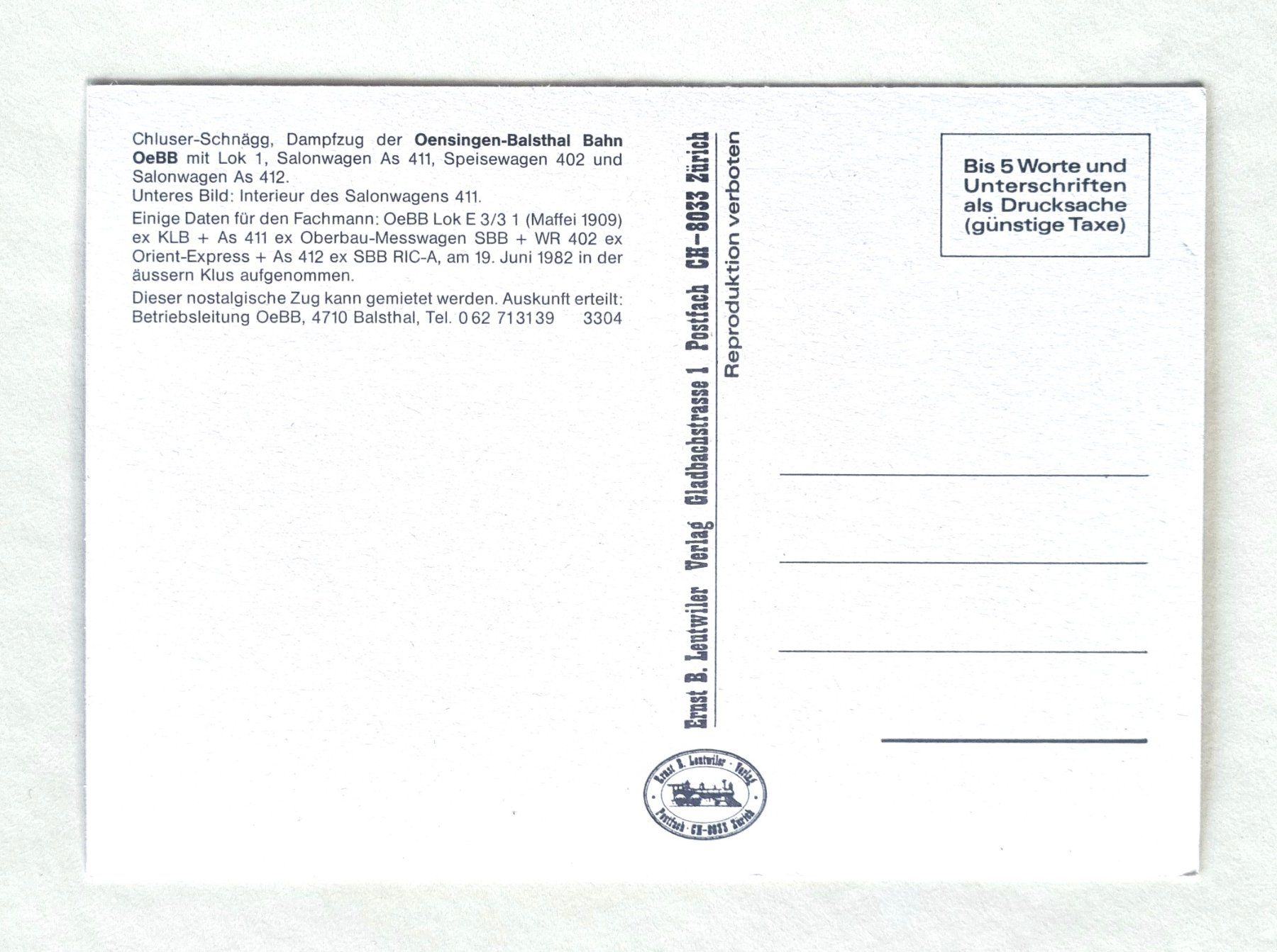 Cartes postales: Oensingen - Balsthal - Dampfzug Chluser Schnägg - 1982 – D'occasion à Rothrist par RROENK 1