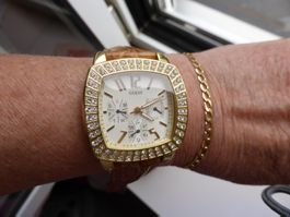 GUESS DAMENUHR CHRONO GOLD-WEISS - LEDERARMBAND - NEU IN OV
