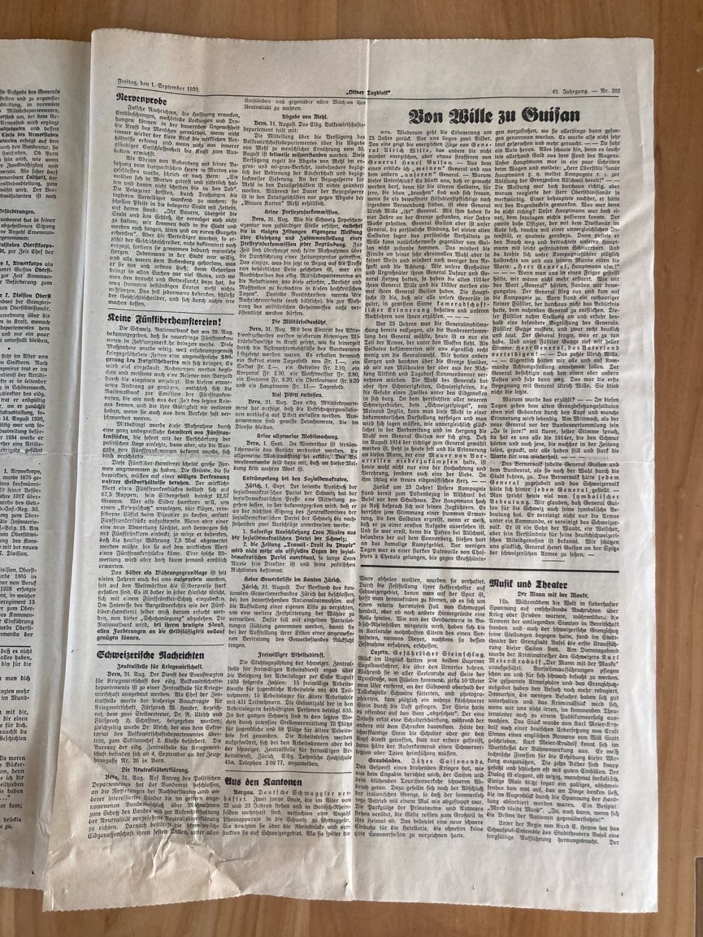 Riviste & Magazine: Oltner Tagblatt , Freitag 1. September 1939 – Usato da Subingen venduto da ArtBead 6