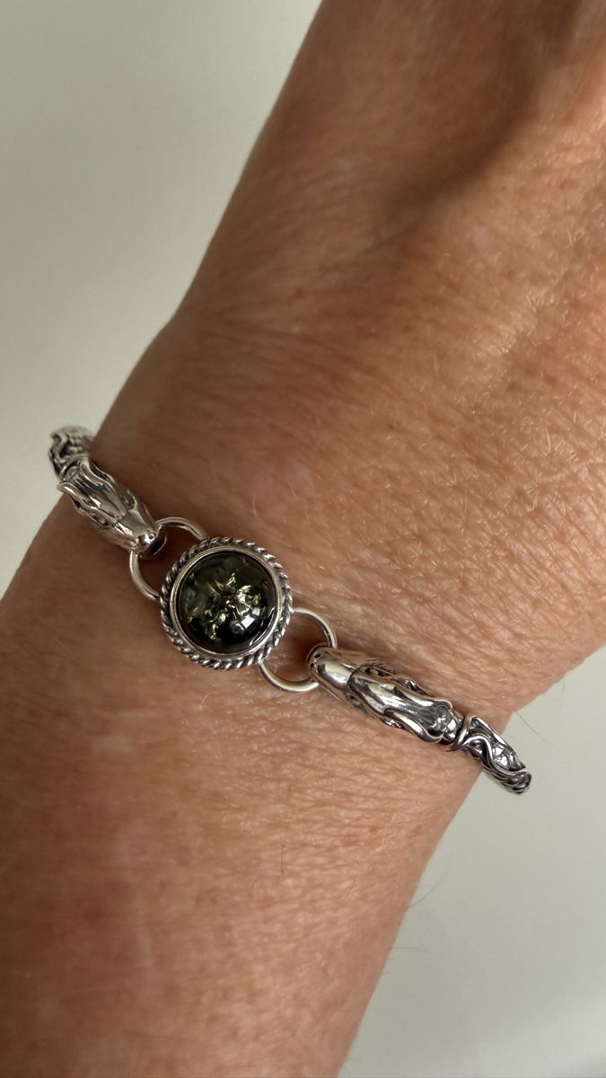 Bracciali & Braccialetti: Silberarmband mit Drachen, grünem Bernstein – Nuovo e nell'imballaggio originale da Ebikon venduto da Leonidas2 3