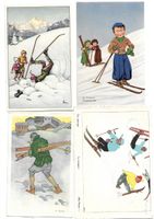 4 alte Ansichtskarten Winter Skifahrer Illustriert