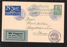 GS 10 Rp , Flugpost Stempel -blau Basel - Bern , 27.V.1924