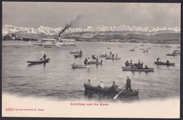 Zürichsee und die Alpen mit Dampfschiff und vielen Booten
