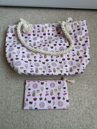 Sommertasche / Strandtasche mit Necessaire rosa mit Emojis