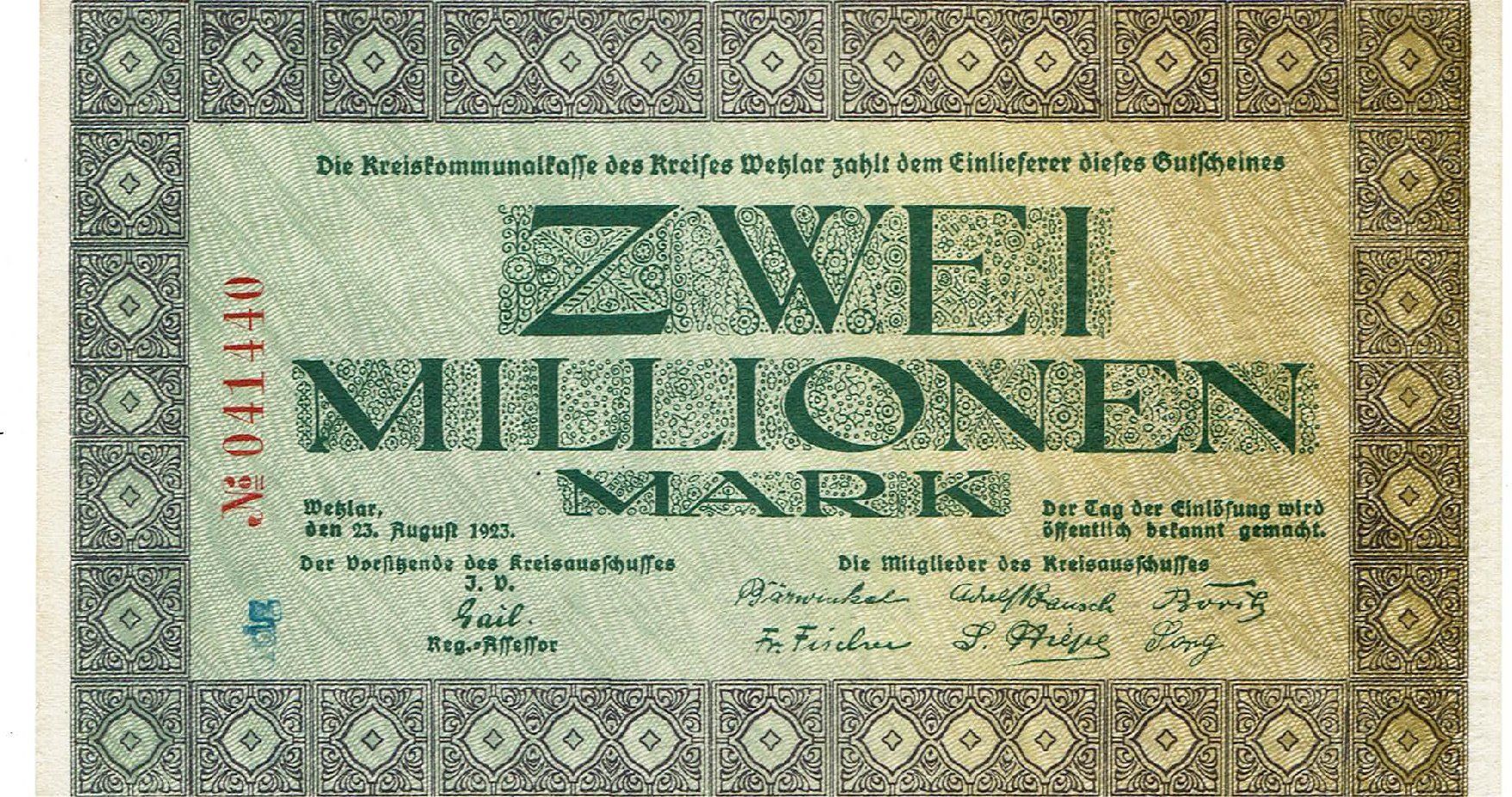 Banconote: Wetzlar 2 Mil.Mark 23.08.1923 VZ-VZ++ – Usato da Steffisburg venduto da ber_8htf