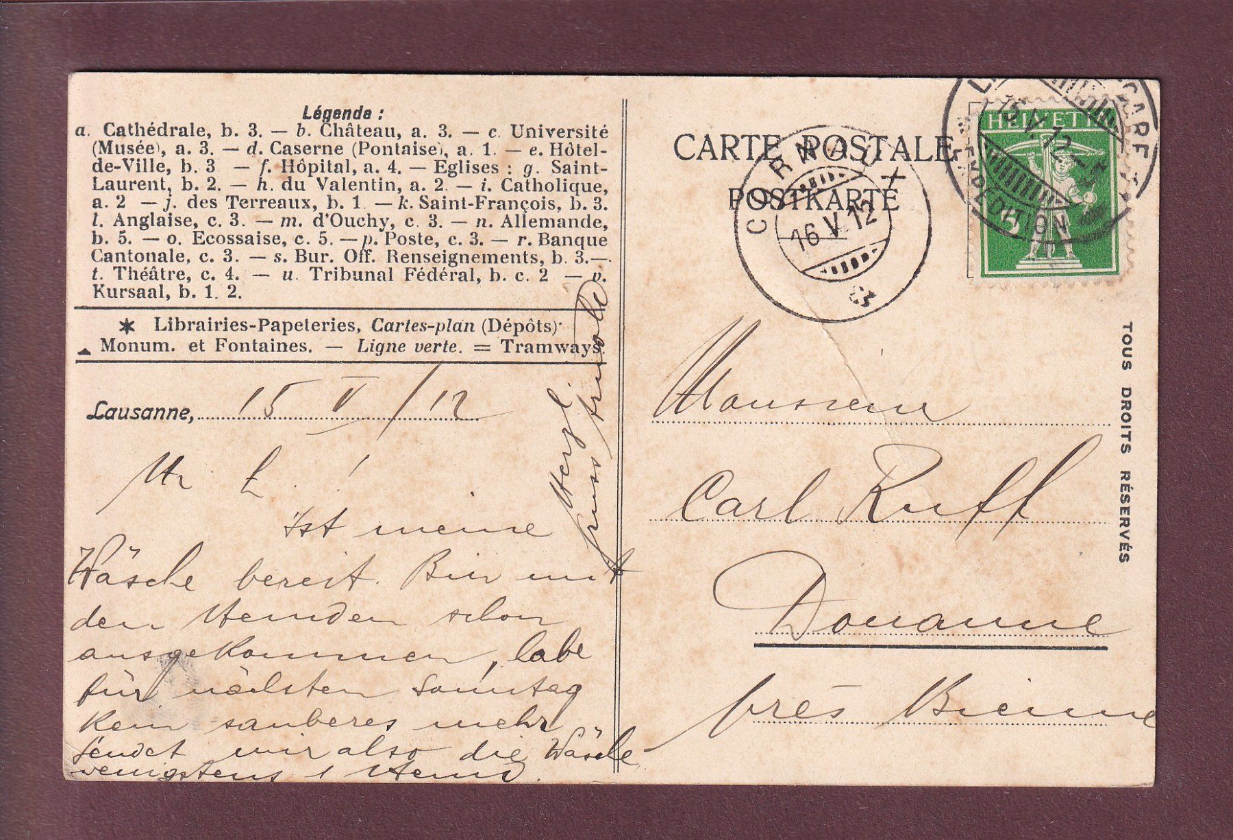 Cartoline postali: Plan de LAUSANNE - Légende au dos - 1912 // pli // – Usato da Pully venduto da nicecards 1