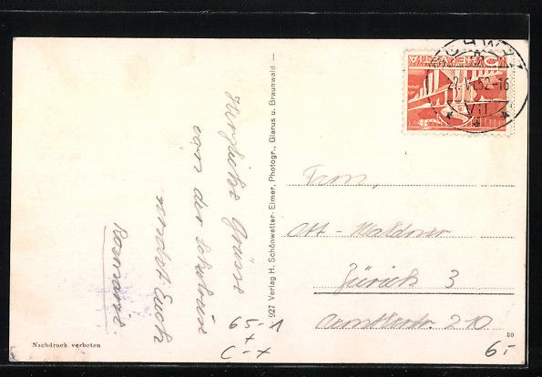 Ansichtskarten: AK Glarus, Bahnhof und Volksgarten, 1952 – Gebraucht aus Berlin von bartko-reher 1