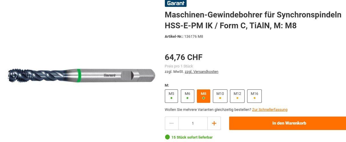 Tutti gli attrezzi: Gewindeformer M8 Garant  >>NEU<< #9.2.13 – Nuovo e nell'imballaggio originale da Kestenholz venduto da hstech.ch 1
