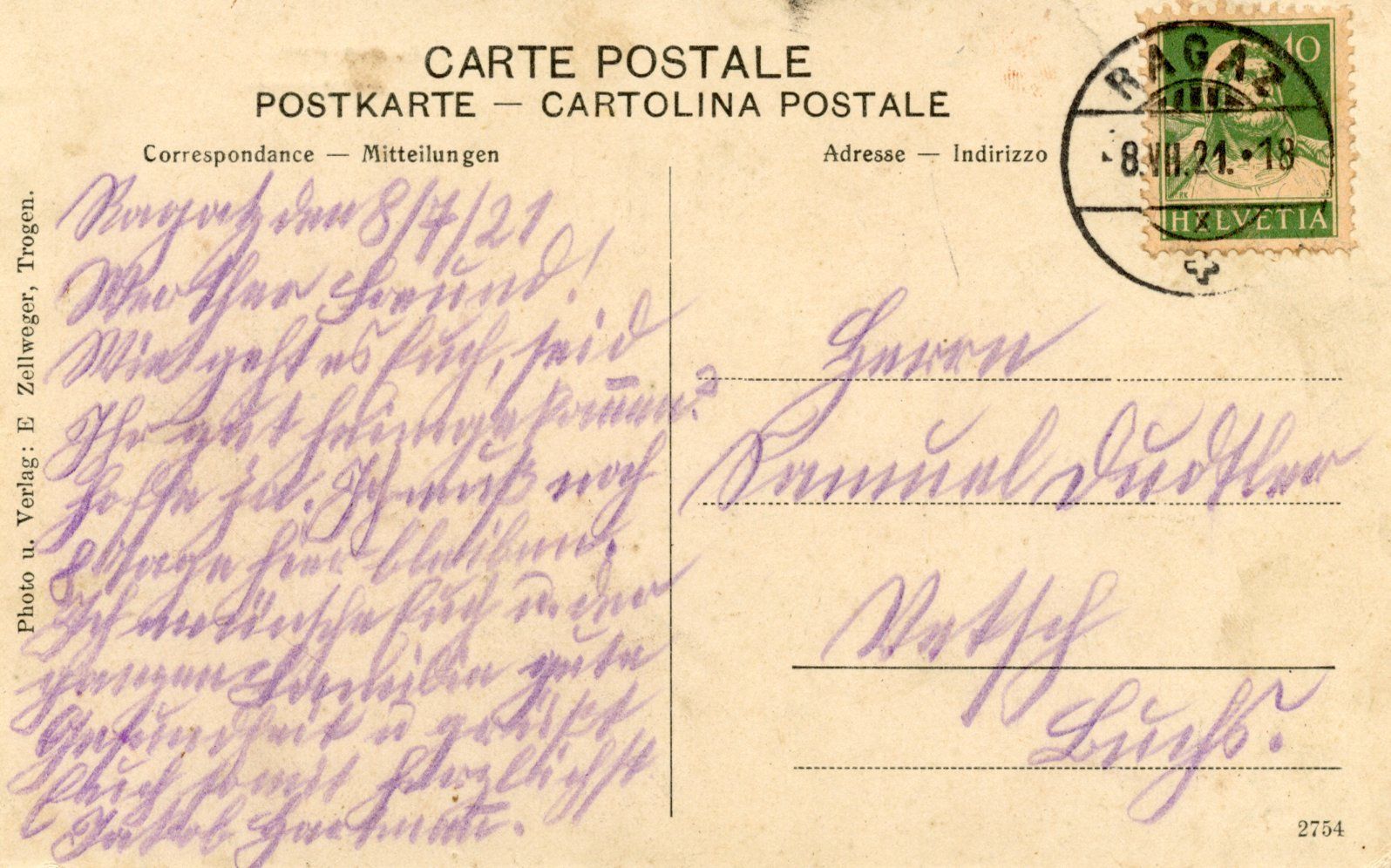 Cartoline postali: Rehetobel 1921 – Usato da Ruggell venduto da spalkur42 1