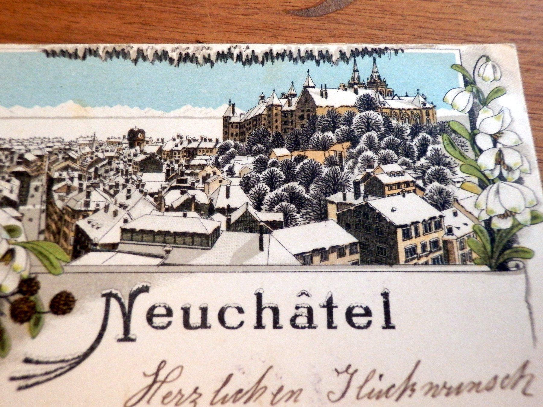 Cartoline postali: Litho. Souvenir de Neuchatel, Silvester – Usato da Ueberstorf venduto da dinbau 1