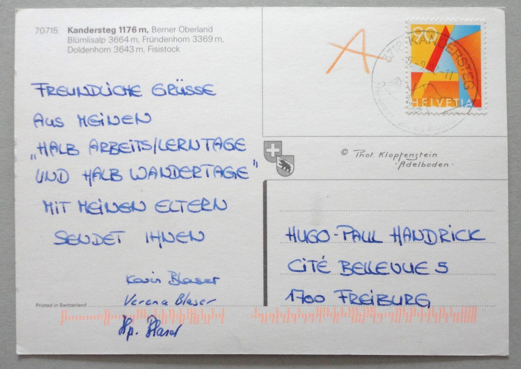 Cartoline postali: Kandersteg 1176 m, B.O. – Usato da Fétigny venduto da Billy2miny 1