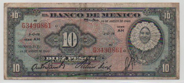 Banknoten: 10 PESOS - 14 AGOSTO 1946 - MESSICO – Gebraucht aus CHIASSO von Rochelle59.