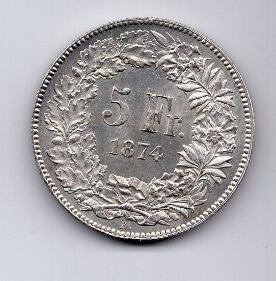 Toutes les monnaies: (2346) CH, 5 Franken 1874 B. stgl – D'occasion à Rüthi (Rheintal) par erdnuessli1