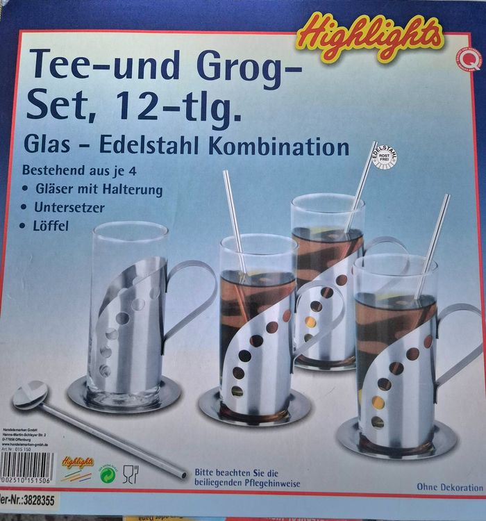 Tee-/Grog-Set, 12-tlg., Glas/Edelstahl, neu (Neu und originalverpackt ...