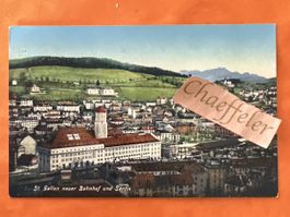 Ansichtskarte St. Gallen neuer Bahnhof und Säntis 1915