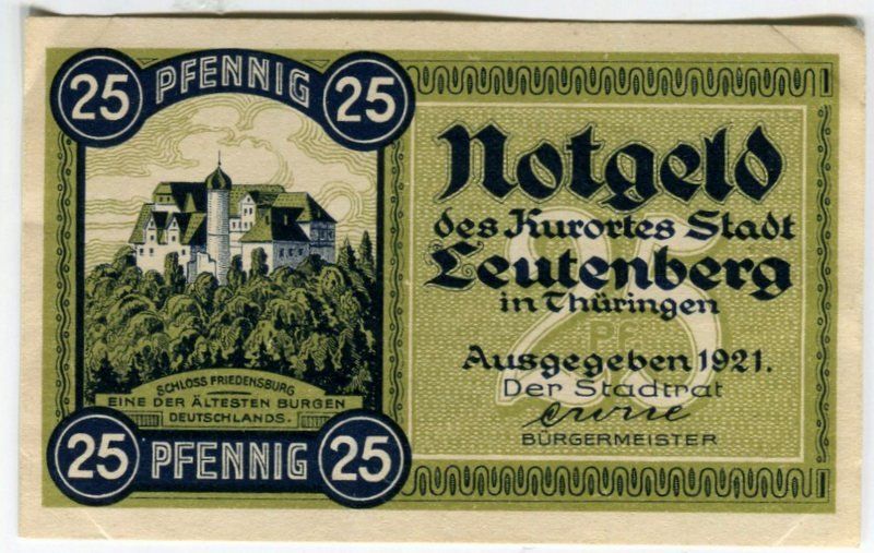 Banknoten: Notgeld "25 Pfennig. Leutenberg 1921". – Gebraucht aus Basel von Butsch5