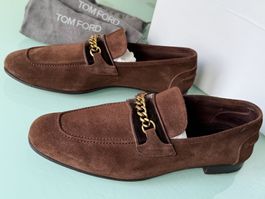 TOM FORD Web Chain Links Braun Wildleder Slip On Loafers 44
