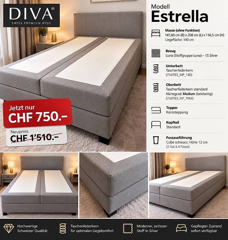 Betten: DIVA Boxspringbett Estrella 140 × 200 cm – Gebraucht aus Zumikon von Marin1986 1