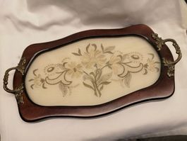 Vintage Tablett, Holz, Glas, Stoff, Goldfadenbestickung