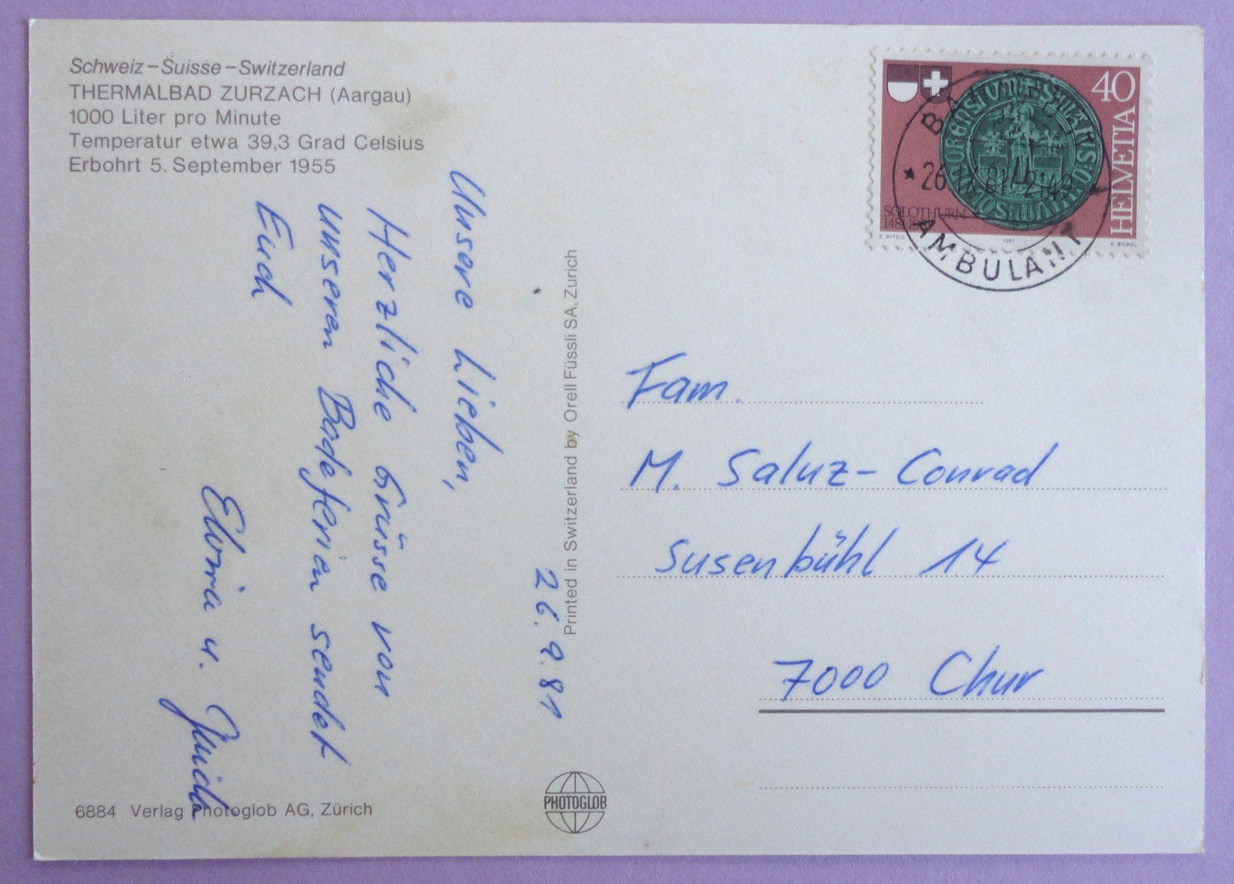 Cartoline postali: Thermalbad Zurzach – Usato da Fétigny venduto da Billy2miny 1