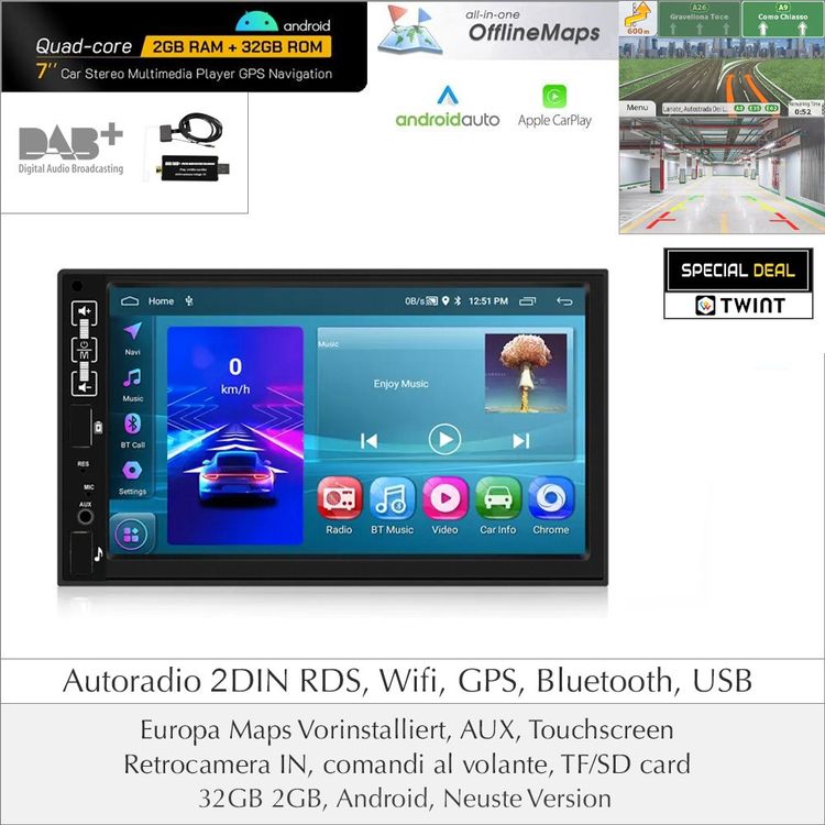Autoradio 2 DIN DAB+ Carplay 32GB 2GB Android 12