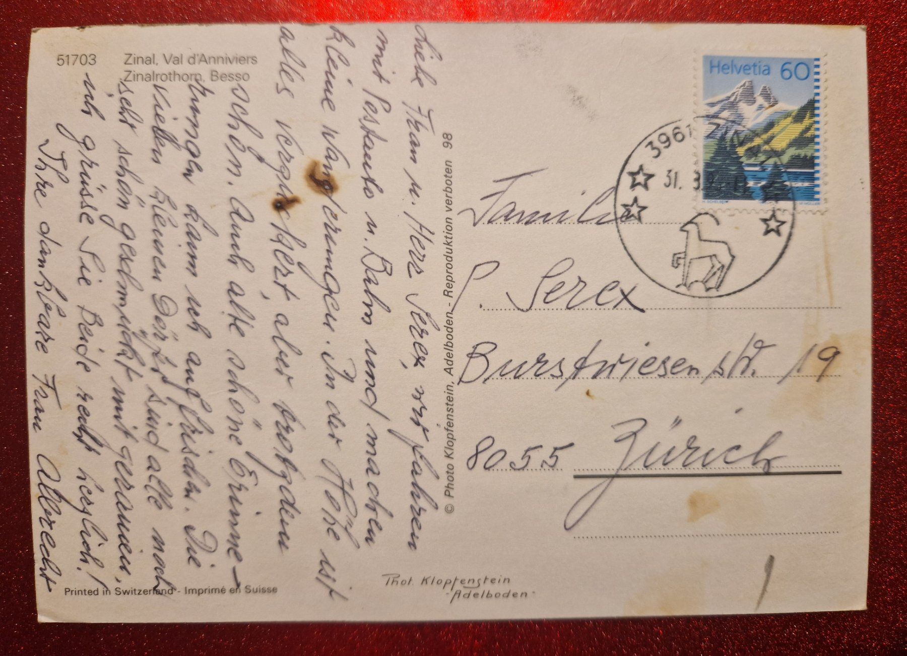 Ansichtskarten: Zinal VS, Val d'Anniviers,Besso 1993 – Gebraucht aus Melchnau von Fishel 1