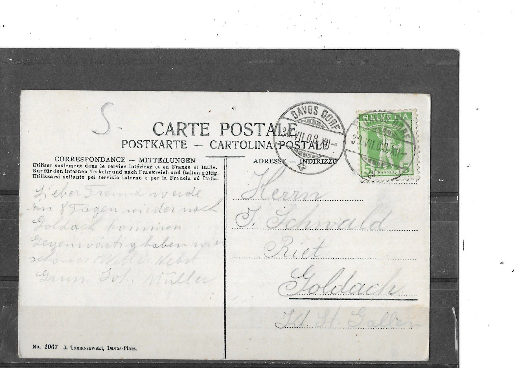 Cartoline postali: GR Davos 1908 Bahnhofplatz – Usato da Schocherswil venduto da Wilare 1
