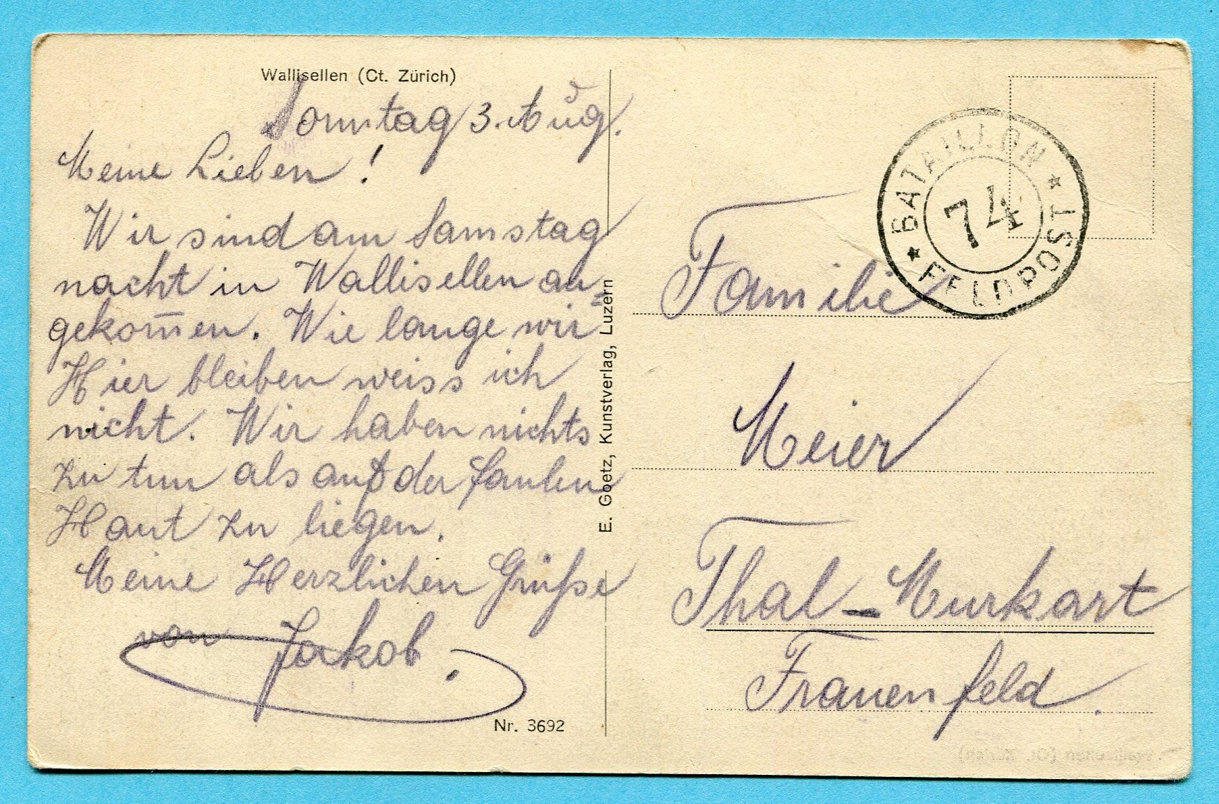 Cartoline postali: Wallisellen gestempelt Feldpost Bataillon 74 – Usato da Opfikon venduto da Prophila 1