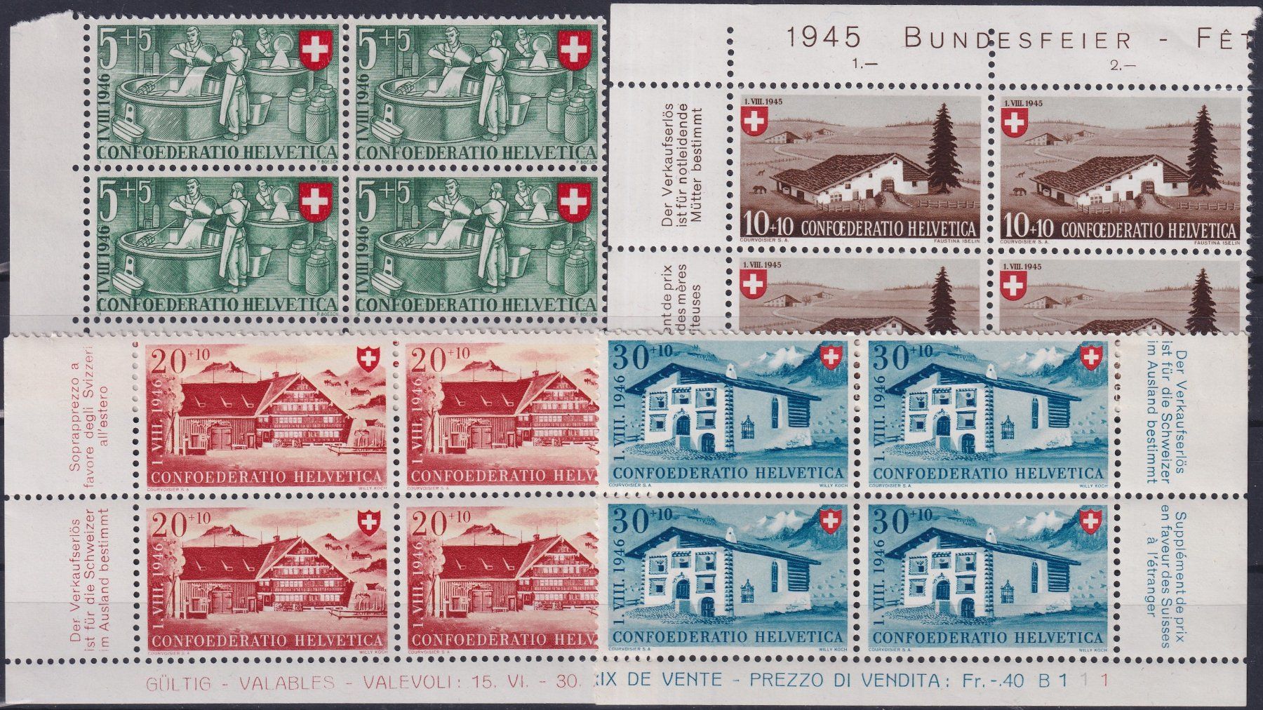 Tutti i francobolli: 1946, Pro Patria B30-B33 Viererblöcke postfrisch** Kat: 60.- – Usato da Sursee venduto da Luzernerraute