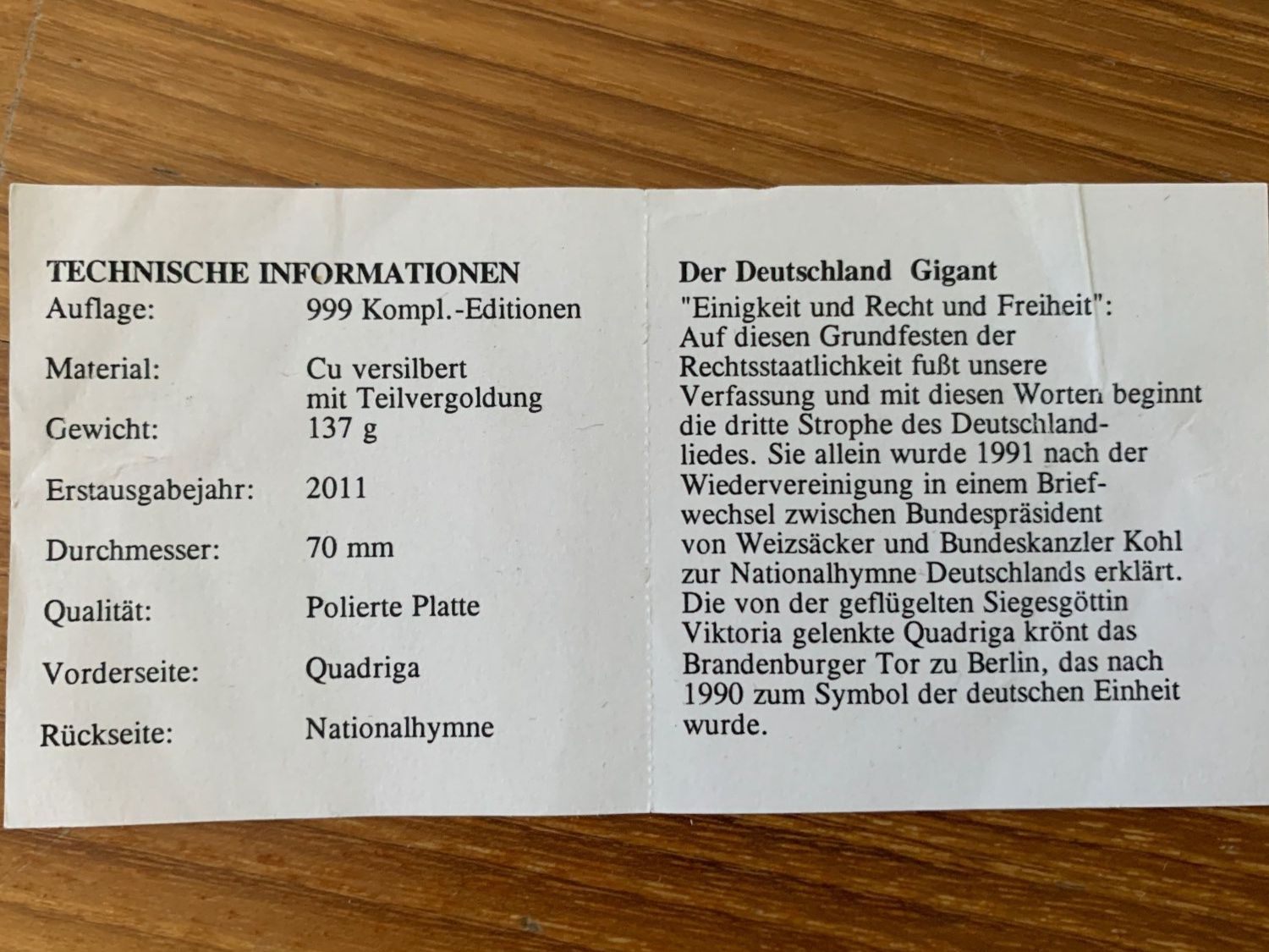 Medaglie: Gigant Medaille 2011 Deutschland – Usato da Edlibach venduto da RUW19 7