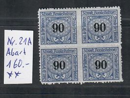 1915: Eisenbahnmarken 21A 4er Block Abart **