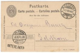 INTERLAKEN - rarer Balkenstempel a. Postkarte nach SOLOTHURN