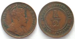 STRAITS SETTLEMENTS 1/2 Cent 1908 EDWARD VII. Bronze SELTEN!
