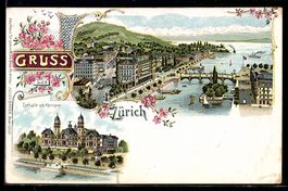 Lithographie Zürich, Seepanorama mit Brücke und Uferpromenad