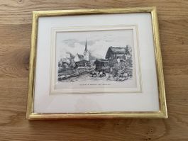 Antiker Stich "Villaggio di Meierhof nell‘ Obersaxen"