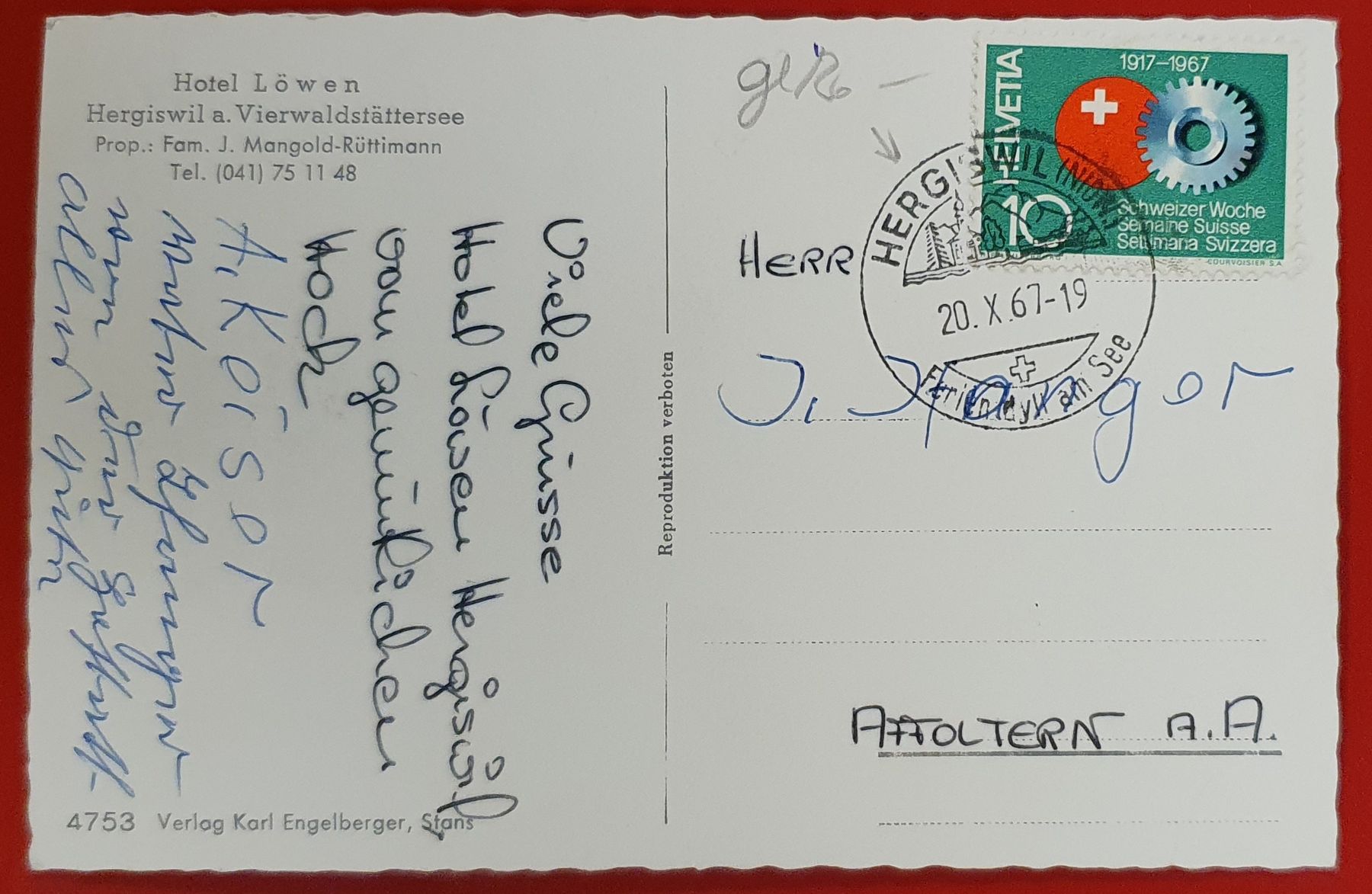 Cartoline postali: Hergiswil 1967 - Hotel Löwen – Usato da Kreuzlingen venduto da Rschweiz1 1