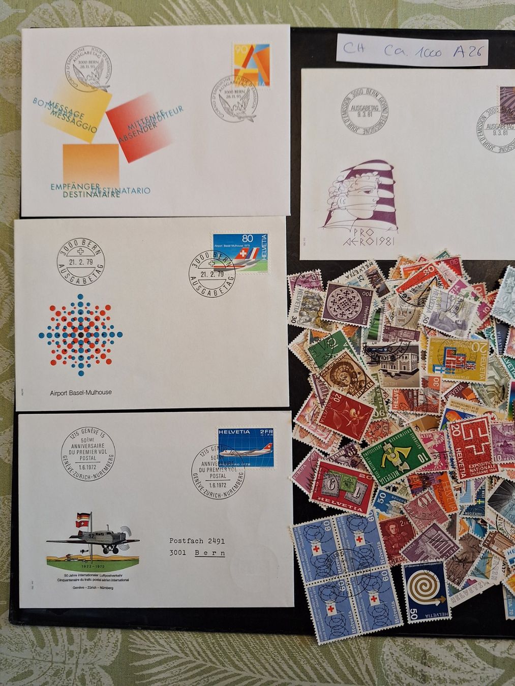Alle Briefmarken: CH- ca. 1000 und 4 Briefe dazu (A26) – Gebraucht aus Genolier von Antoine30 1