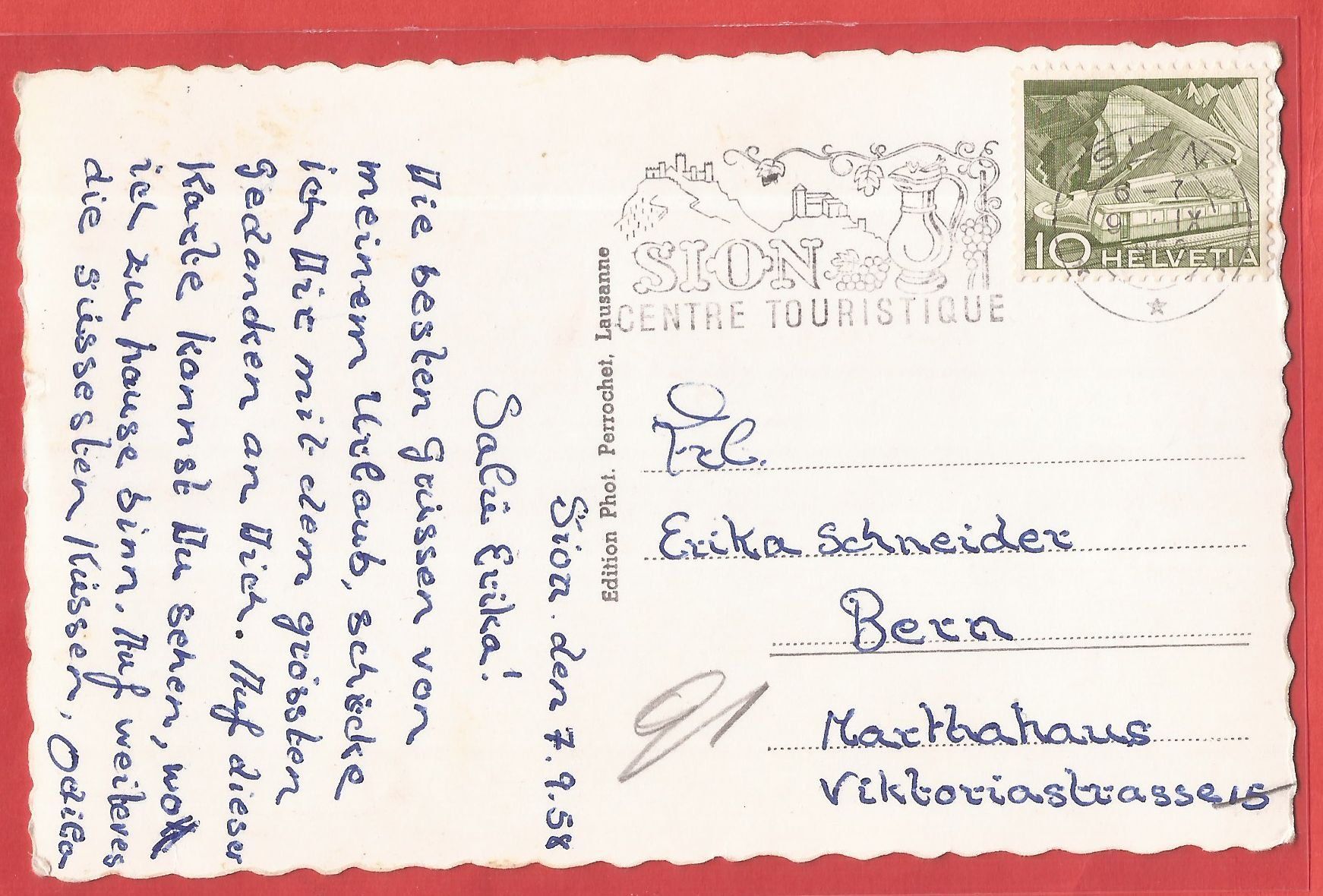 Cartoline postali: Sion - la Matze - 1958 – Usato da Fislisbach venduto da Porano 1
