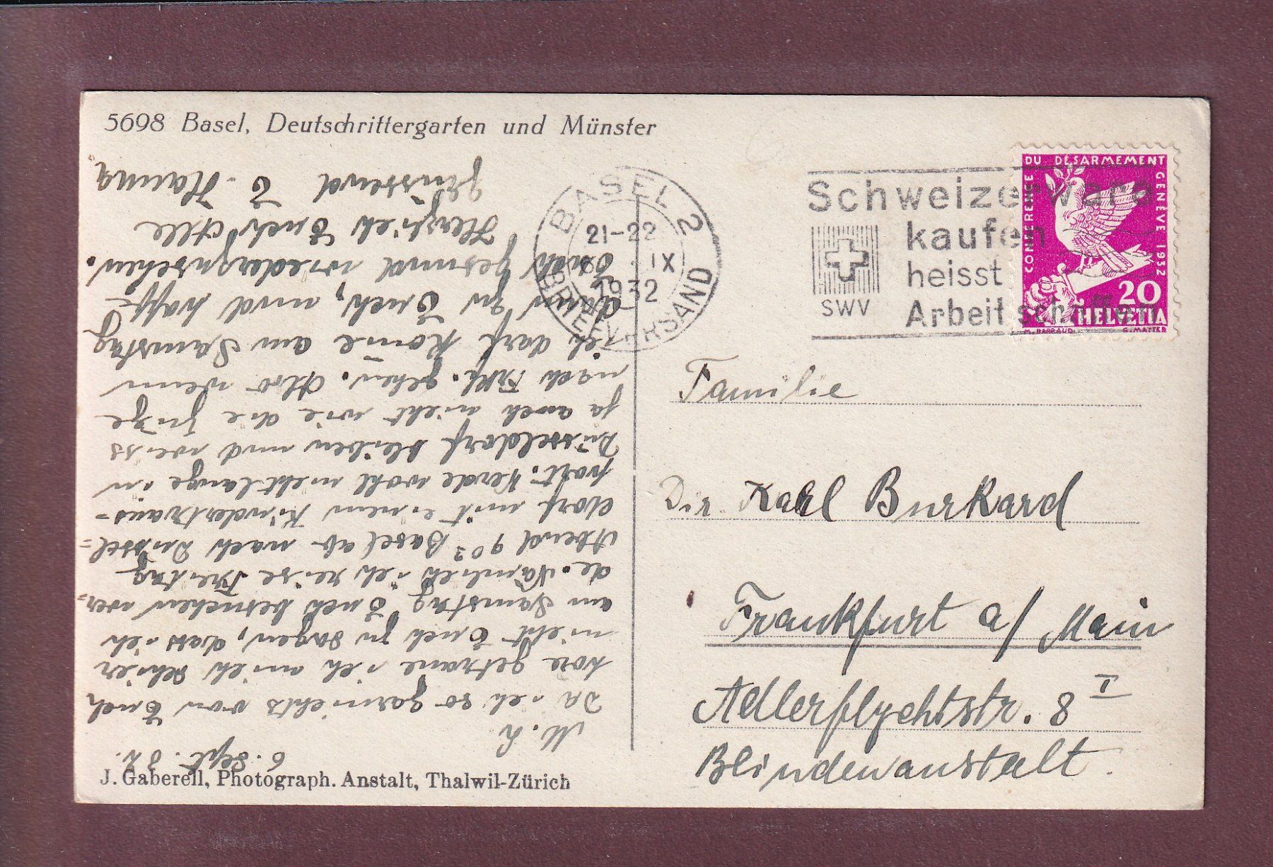 Cartes postales: BASEL - Deutschrittergarten - Münster - 1932 – D'occasion à Pully par nicecards 1